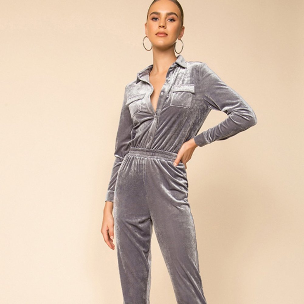 NEW Madalena gray crushed velvet jumpsuit Small